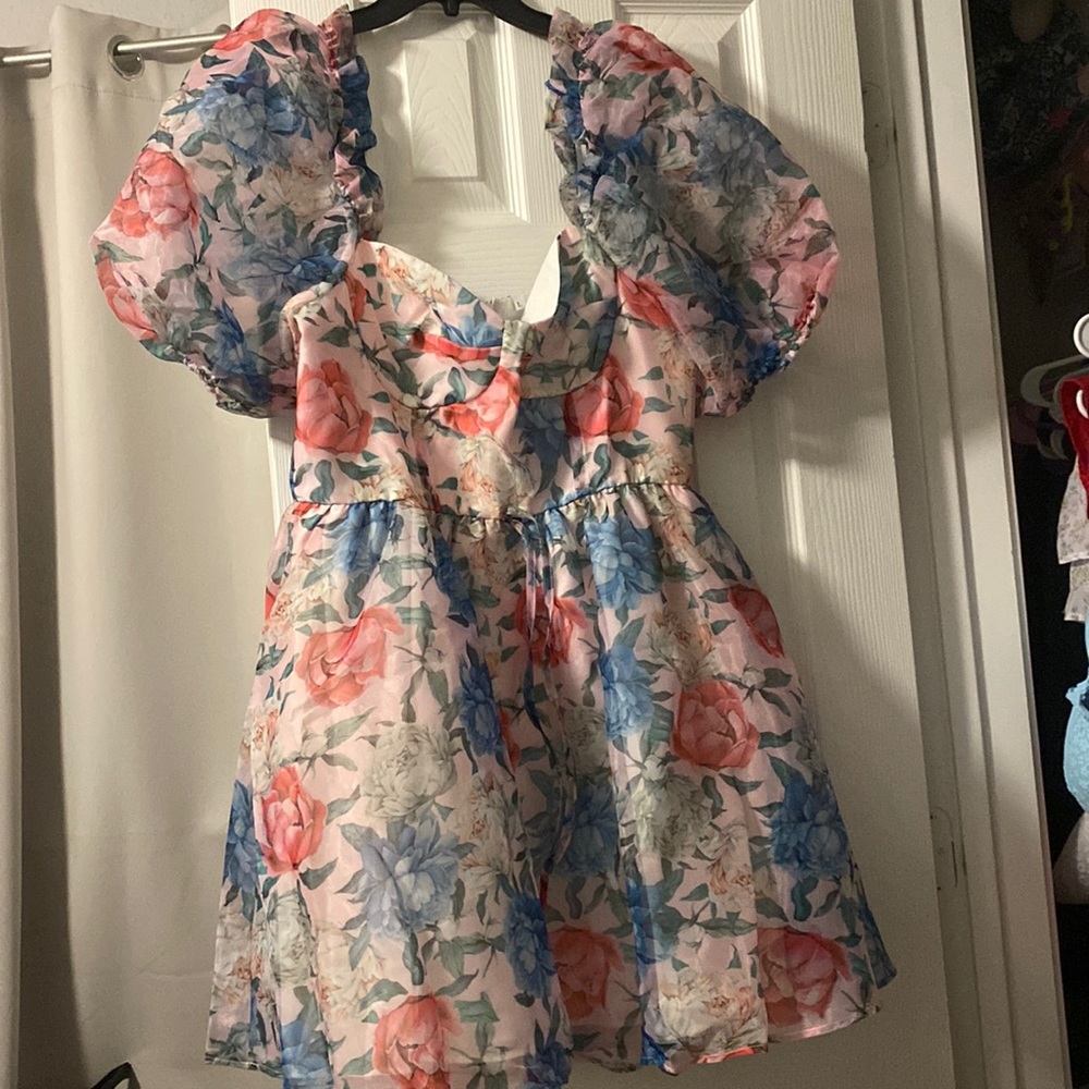 Multicolored Floral Puff Sleeved Dress